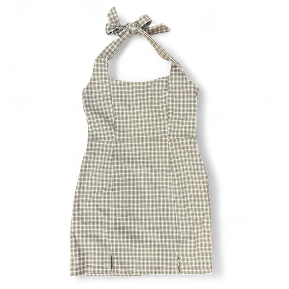 Originality Blue/Green Plaid Bodycon Twee Cottagecore Halter Mini Dress, Size L.